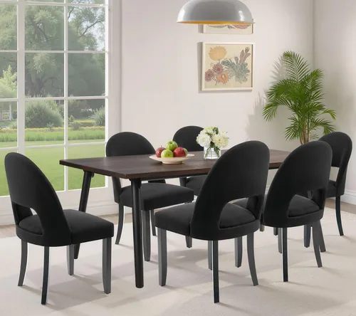 Miniatura 9 de Juego de 2 sillas de comedor de madera, modernas sillas de comedor tapizadas para cocina con tela de lino y respaldo abierto, patas de madera