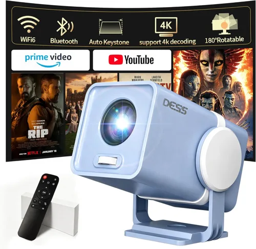 Mini proyector con WiFi y Bluetooth, proyector portátil para exteriores alimentado por Power Bank, proyector de película pequeña giratorio de 180°,
