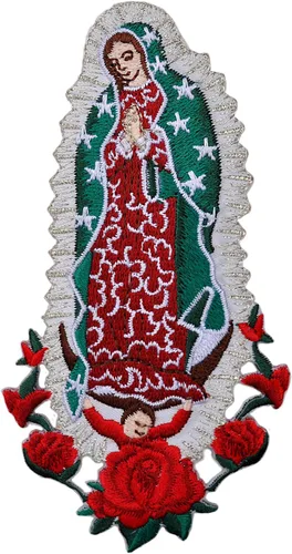 Parche bordado para bautizo con la Virgen María, mi Señora de Guadalupe para planchar (plata, sin palabra, 4.75 x 2.75 pulgadas)