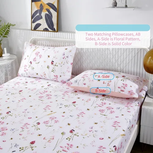 Miniatura 6 de RYNGHIPY Juego de sábanas de algodón con estampado floral de abejas Shabby, con fundas de almohada, juego de ropa de cama de algodón egipcio