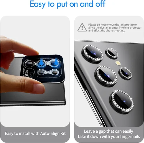 Miniatura 6 de Bling - Protector de lente de cámara para Samsung Galaxy S22 Ultra solamente, cubierta de anillo de lente de ajuste completo con película de Negro
