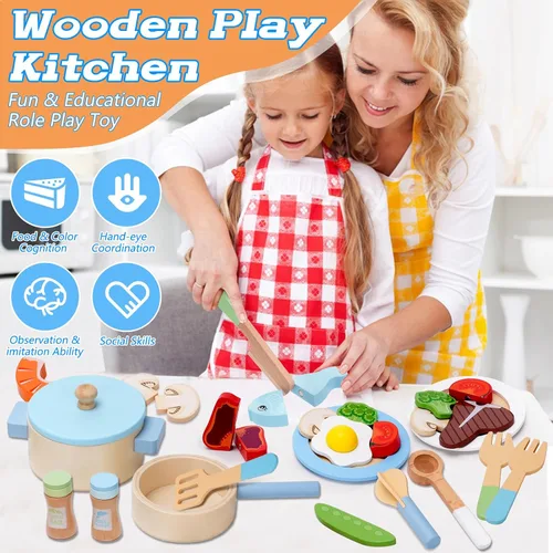 Miniatura 4 de Accesorios de cocina de juguete, juego de cocina de madera, juego de cocina de simulación para niños, incluye estufa, ollas y sartenes de cocina