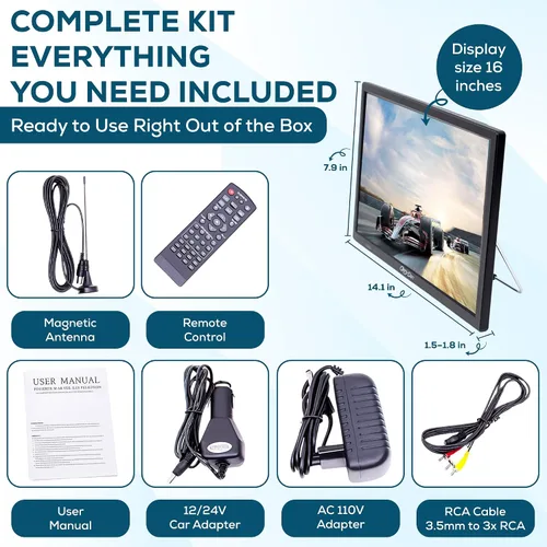 Miniatura 9 de TV de viaje de 16 pulgadas: tu mejor concentrador de entretenimiento portátil para automóvil, RV, camión y cocina, pantalla Full HD, entradas