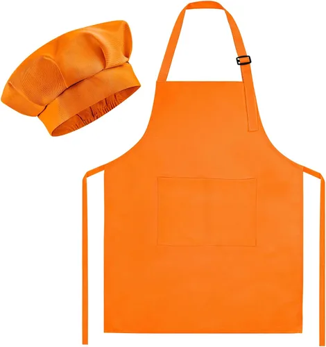 Miniatura 6 de Morcheiong Juego de gorro y delantal de chef para niños, delantal de pintura ajustable para niños y gorro de chef con 2 bolsillos para cocinar