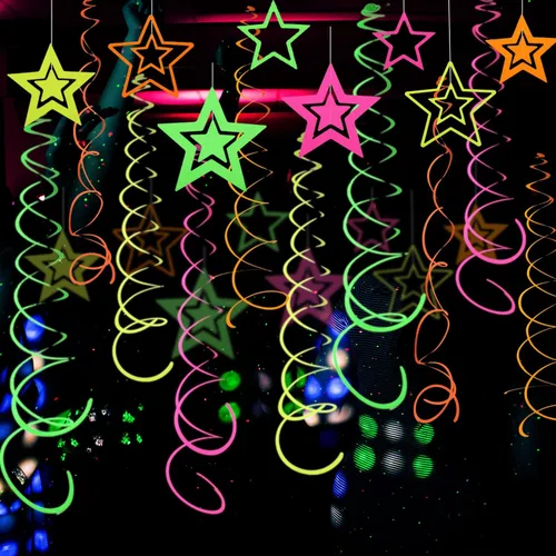 54 piezas de guirnaldas de papel en espiral colgantes UV con estrellas de neón, serpentinas brillantes, suministros y decoraciones de fiesta UV