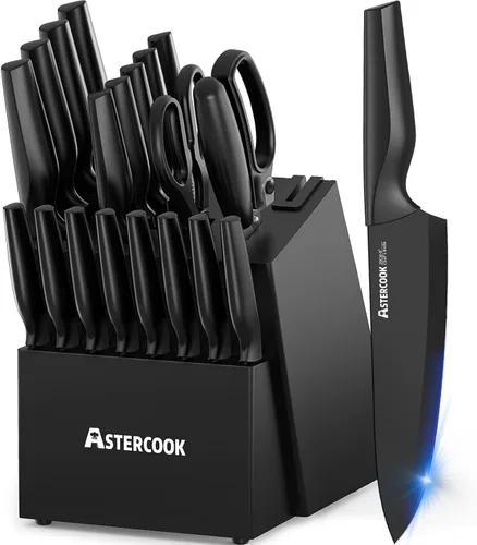 Astercook - Juego de 21 cuchillos para cocina con bloque, apto para lavavajillas, con afilador integrado, juego de cuchillos de acero inoxidable