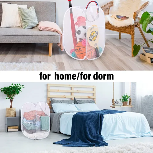 Miniatura 6 de BATTOO Cesta de lavandería desplegable de malla fuerte de lujo con bolsillo lateral para lavandería, baño, habitación de los niños, dormitorio Blanco