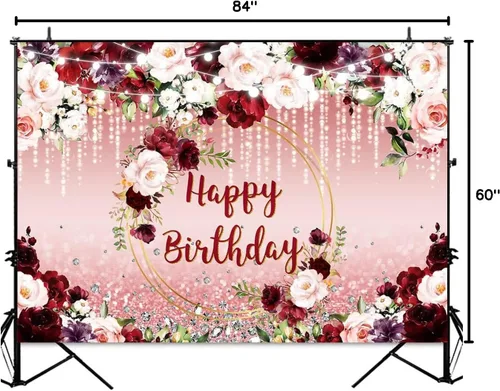 Miniatura 8 de Sensfun Telón de fondo floral de feliz cumpleaños, flores burdeos, oro rosa, purpurina Bokeh, fondo de fotos, fondo de vinilo para fiesta