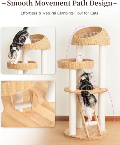 Miniatura 2 de Wood Cat Tree for Large Cats, 50'' Modern Indoor Cat Tower with Basket Beds, Cat Condo & Clear Hammock, Multi-Level Wooden Cat Furniture for Home