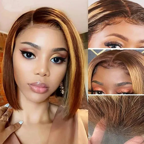 Miniatura 27 de Peluca de cabello humano lacio marrón con reflejos de 13 x 4, peluca frontal de encaje transparente #4, peluca corta Bob para mujeres negras