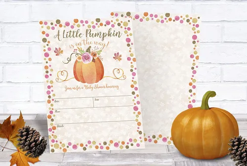 Miniatura 4 de Invitaciones para baby shower de otoño con diseño de calabaza, sobres de tamaño A7 incluidos, cartulina pesada de alta calidad, dos caras, diseño