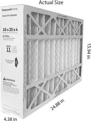 Honeywell FC100A1029 (2 Pack) - 16" x 25" x 4" Filtro de aire plisado MERV 11 con recordatorio de cambio de filtro de suministro para el mismo día