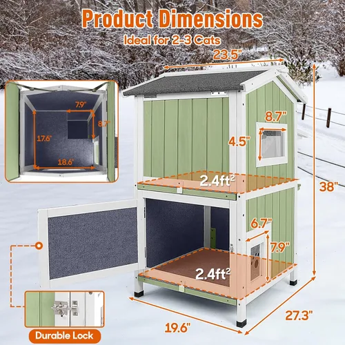 Miniatura 6 de Casa cálida aislada para gatos de 2 pisos, refugio resistente a la intemperie para gatos con 2 plataformas, capas térmicas, 2 puertas de escape