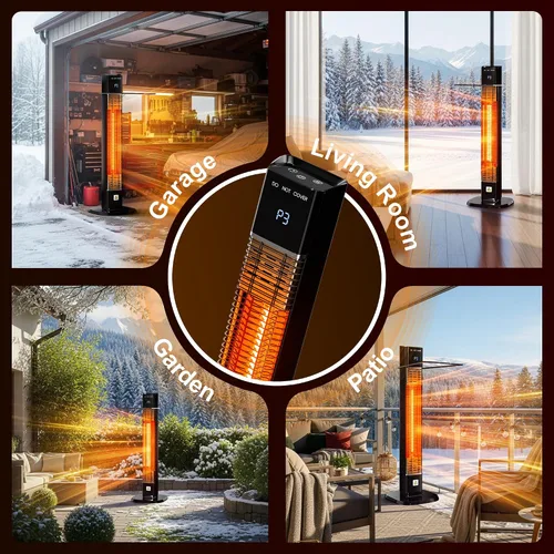Miniatura 7 de Calentador al aire libre de 1500 W, calentador de patio con control remoto, 3 niveles de calor, temporizador de 24H, tubo de calentamiento de fibra