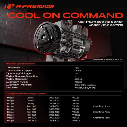 Miniatura 2 de A-Premium Compresor de A/C con embrague compatible con Dodge Ram 1500, Ram 2500, Ram 3500 2002-2003, Ram 4000 2002, Dakota 2002-2003, Durango