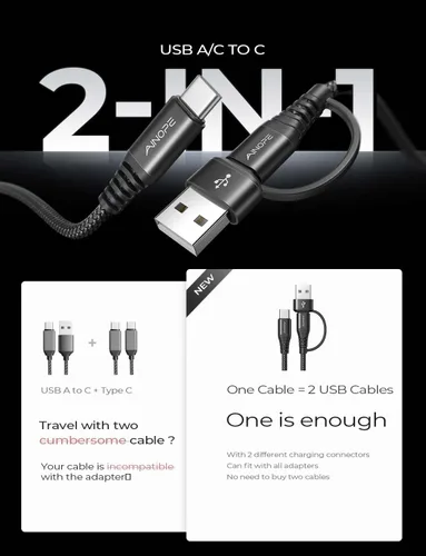 Miniatura 2 de Cable AINOPE USB C a USB C, Cable USB C de 1.8 m de Carga Rápida con Adaptador USB a USB C, Cable USB a USBC de 60W para iPhone 17 Pro Max Air, Negro