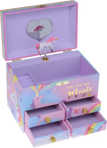 Miniatura 3 de Jewelkeeper Cotton Candy Unicorn - Caja de almacenamiento musical grande para joyas con 4 cajones extraíbles, joyero musical para niña, hermoso tono