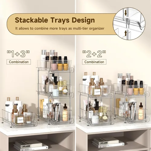 Miniatura 5 de HIHEGD Organizador de Almacenamiento de Baño de 2 Niveles con Separadores, Transparente, Extraíble Debajo del Fregadero para Cocina, Despensa