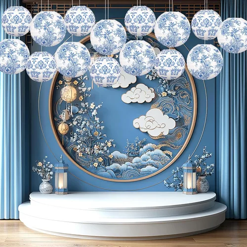 Miniatura 4 de 15 linternas de papel chinas, decoración de chinoiserie, farol de porcelana azul y blanco para colgar para mediados de otoño, festival, fiesta