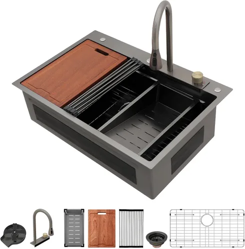Miniatura 32 de Lordear Fregadero de barra de 15 pulgadas, color negro, fregaderos de cocina de acero inoxidable, calibre 16, tazón individual, montaje superior