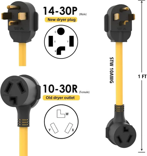Miniatura 3 de Adaptador de secadora de 4 clavijas a 3 clavijas secadora más antigua a casa más nueva 1 pie 30 amperios con cable de tierra de seguridad NEMA