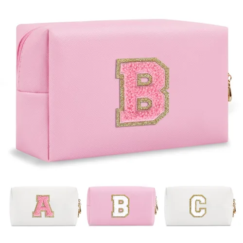Miniatura 196 de Pequeña bolsa de maquillaje personalizada con inicial A-Z Preppy Patch, bolsa de cosméticos de viaje de felpilla blanca con cremallera, bonita bolsa