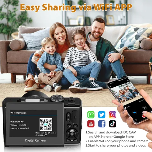 Miniatura 7 de Cámara Digital 4K para Fotografía, Cámara de Vlogging 4K 64MP para YouTube con Pantalla Abatible de 180° de 3", Cámara WiFi Compacta con Zoom Negro