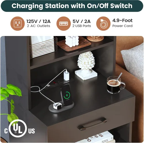 Miniatura 6 de AOGLLATI Mesita de noche alta con estación de carga y luces LED, mesita de noche con 3 cajones y estantes de almacenamiento, mesita de noche