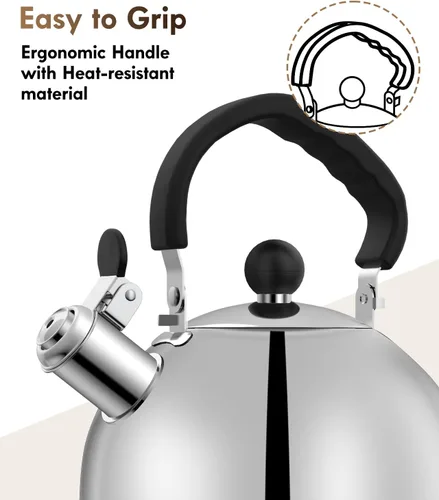 Miniatura 4 de Tetera para estufa - Tetera de acero inoxidable, hervidor de 2 litros para acampar, calefacción eficiente, silbato audible, mango seguro - hervidor