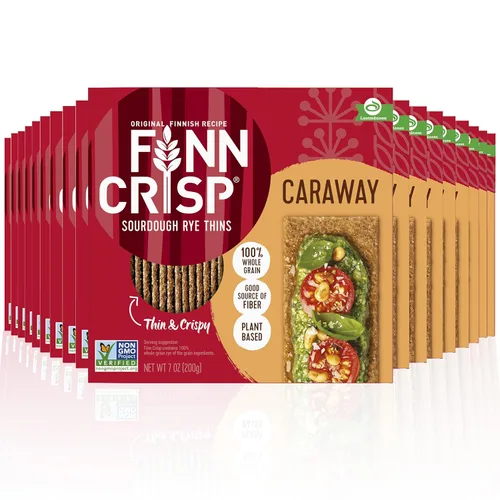 Finn Crisp Finn Crisp - Pan crujiente de centeno con alcaravea de 7 onzas, paquete de 18 panes planos de centeno finos y crujientes, auténtica masa