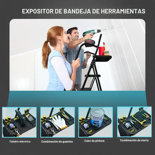 Miniatura 6 de HBTower Escalera de 5 escalones, taburete plegable con pedal antideslizante ancho, bandeja de herramientas y pasamanos, capacidad de 330 libras