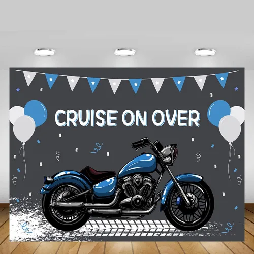 Miniatura 5 de MEHOFOND Telón de fondo de cumpleaños de motocicleta para niños, decoración de globos azules y blancos de carreras geniales para deportes extremos