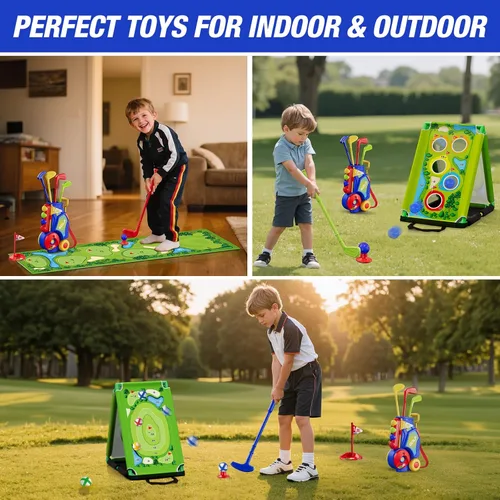 Miniatura 2 de HYES Juego de golf 3 en 1 para niños pequeños con tapete de putting y juego de golf, club de golf para niños con 8 bolas, 4 palos de plástico