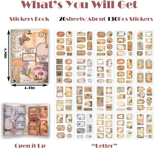 Miniatura 2 de Pegatinas de Junk Journal para Scrapbooking, 120 Piezas de Pegatinas Decorativas Retro de Flores Mariposas Naturaleza Poema Sello Letra para Álbum