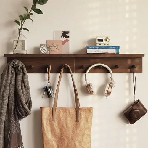 Miniatura 6 de Perchero de entrada con ganchos y estante, estante organizador de pared flotante de madera resistente con 4 ganchos adecuado para entrada, despensa