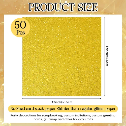 Miniatura 2 de Kisston 50 piezas de papel de cartulina con purpurina dorada brillante de 12 x 12 pulgadas, papel de cartulina resistente de 300 GSM (110 libras)