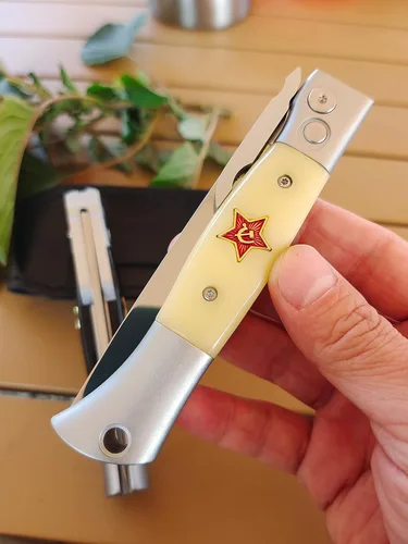 Miniatura 5 de Cuchillo de bolsillo plegable Finka-NKVD KGB ruso, hoja de acero X12M pulida en espejo de 3.74", mango de resina con incrustación de aluminio