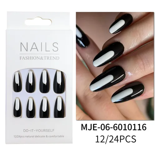 Miniatura 2 de 24 uñas postizas medianas a presión, color blanco y negro, uñas con pegamento en forma de almendra, uñas postizas brillantes con diseños, uñas