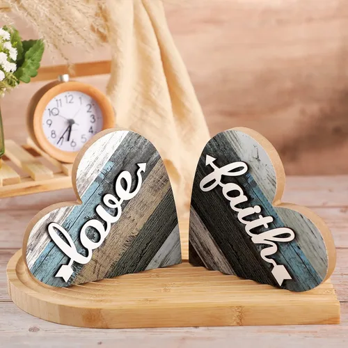 Miniatura 3 de Jetec 2 piezas de decoraciones rústicas de mesa para sala de estar, hogar, granja, centros de mesa, pequeños adornos de corazón de madera con amor