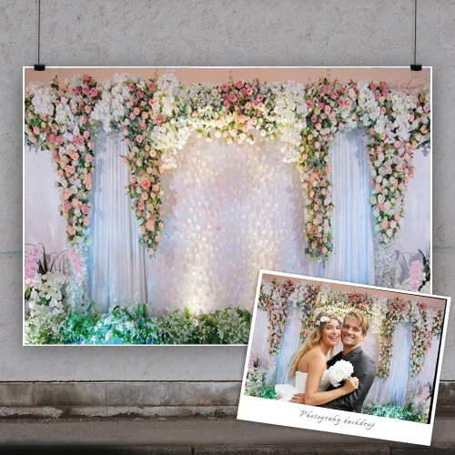Miniatura 2 de Telón de fondo floral de boda de 5 x 3 pies, cortina de escenario blanco, rosa rosa, fondo de fotografía para despedida de soltera, boda, fiesta