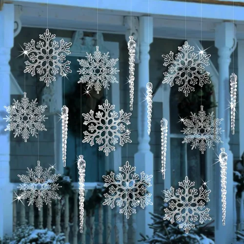 18 piezas de adornos grandes para árbol de Navidad, adornos de cristal, copo de nieve de carámbano transparente de acrílico para árbol de Navidad,
