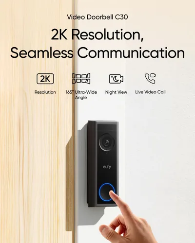 Miniatura 3 de eufy Security Cámara de Timbre de Video C30, Alimentada por Batería, 2K FHD, Vista Ultra Amplia de 165°, Instalación Fácil, Videollamada en Vivo