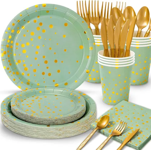 Whaline 175 piezas de suministros de fiesta verde salvia con puntos dorados, platos de papel, servilletas y vasos, juego de vajilla desechable para