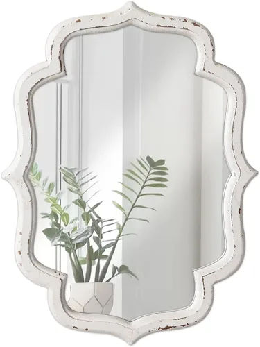 Espejo de pared festoneado pequeño vintage decorativo de 16 x 12 pulgadas, espejos de baño blancos desgastados rústicos para tocador, espejo de