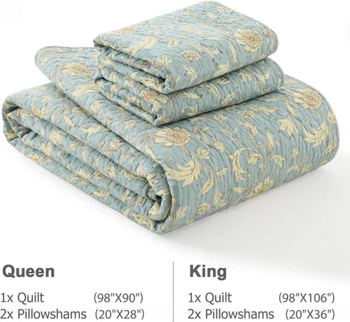 Miniatura 6 de Finlonte Juego de edredón de tamaño Queen 100% algodón, ligero, suave, vintage, con estampado botánico, acolchado, azul, floral, reversible, juego