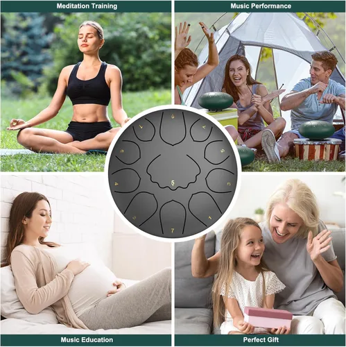 Miniatura 7 de Tambor de lluvia para jardín exterior, 8 pulgadas, 11 notas, tambor de chakra de lengüetas de acero, campanilla de lluvia de meditación impermeable