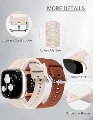 Miniatura 4 de Minyee Paquete de 2 correas grabadas florales compatibles con Fitbit Versa 4/Versa 3/Sense 2/Sense Band para mujer, lindo diseño de girasol