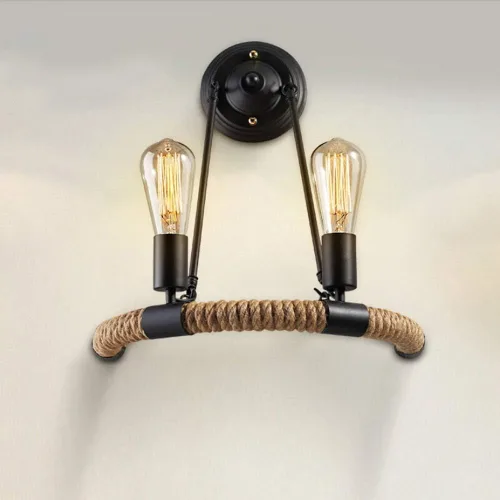 Lámpara de pared industrial vintage de 2 cabezales con cuerda de cáñamo E26 E27 Base Socket Steampunk Accesorio de iluminación para dormitorio, sala