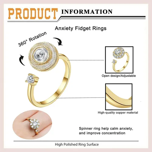 Miniatura 5 de Honsny 6 piezas anillos de ansiedad chapados en oro de 14K para mujeres, anillo giratorio ajustable para la ansiedad, anillos fidget CZ de mariposa