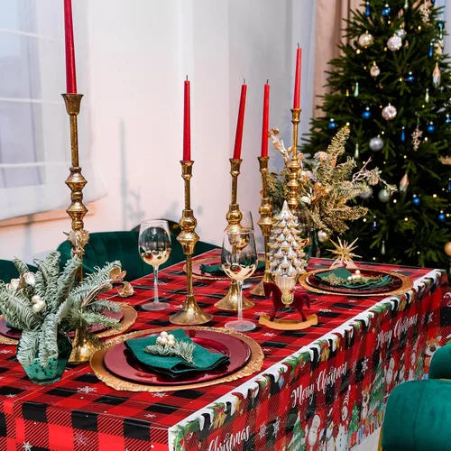 Miniatura 7 de Tiamon 3 piezas de mantel de Navidad 54 x 108 pulgadas, rojo, negro, mantel a cuadros de búfalo para mesa rectangular, mantel desechable de plástico